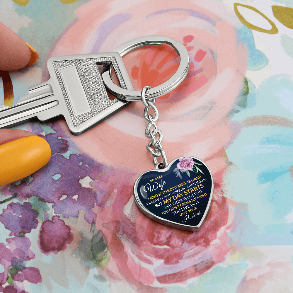 To My Dear Wife - My Day Starts With You - Graphic Heart Keychain Gift