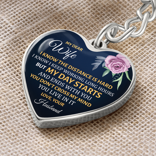 To My Dear Wife - My Day Starts With You - Graphic Heart Keychain Gift