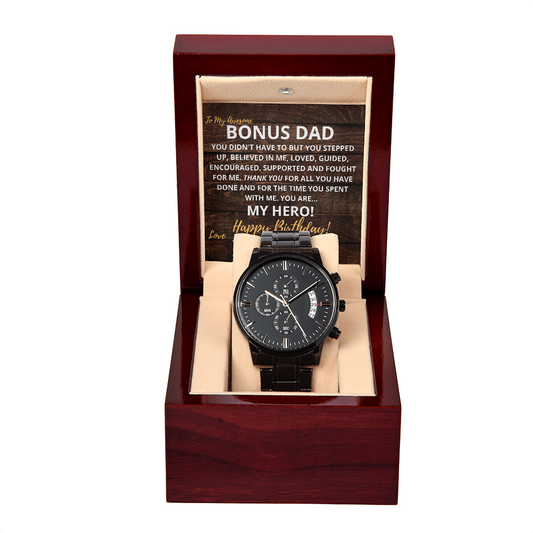 BONUS DAD - HAPPY BIRTHDAY - Black Chronograph Watch Gift - From Your SON